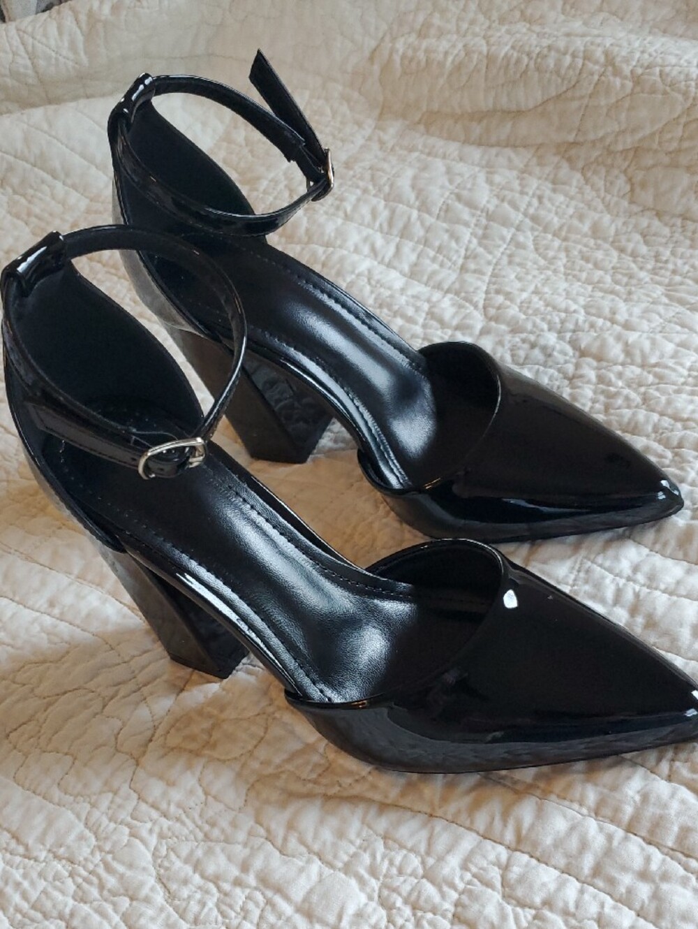Black Patent Pointed Toe Block Heel Ankle Strap Pumps